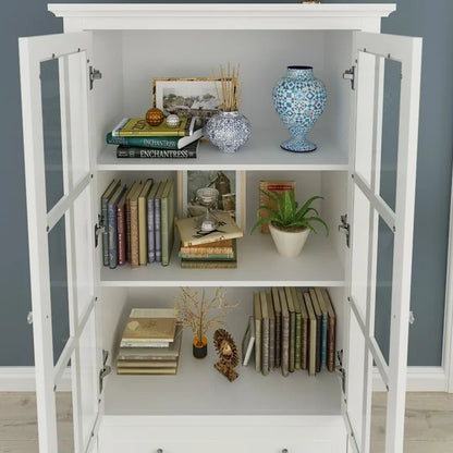 55" H White Bookcase with Glass Doors, Display Cabinet Wooden Bookshelf Organizer with Drawer for Home Office Living Room