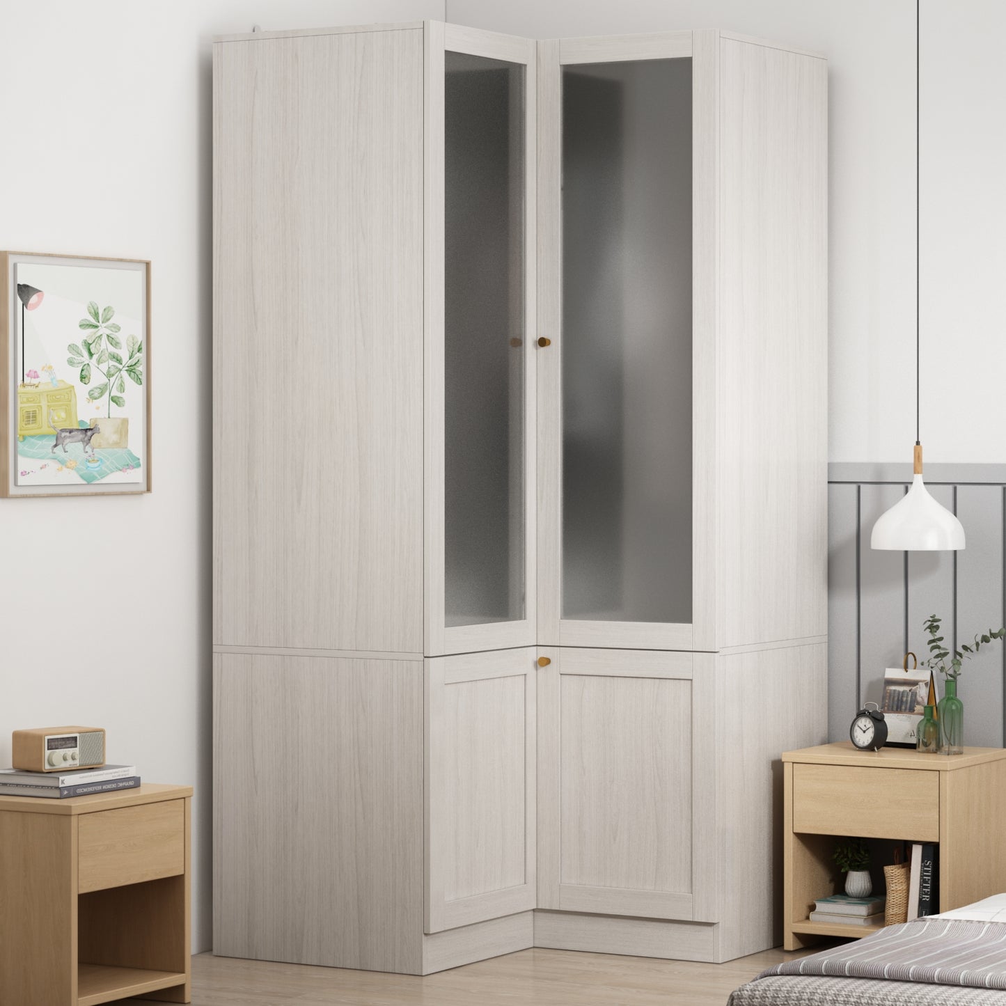 Oxylife 70.9 inch Corner L Shaped Clothing Armoire Wardrobe Closet with 2 Frosted Glass Doors, Hanging Rod and Drawers for Bedroom