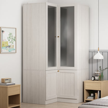 Oxylife 70.9 inch Corner L Shaped Clothing Armoire Wardrobe Closet with 2 Frosted Glass Doors, Hanging Rod and Drawers for Bedroom