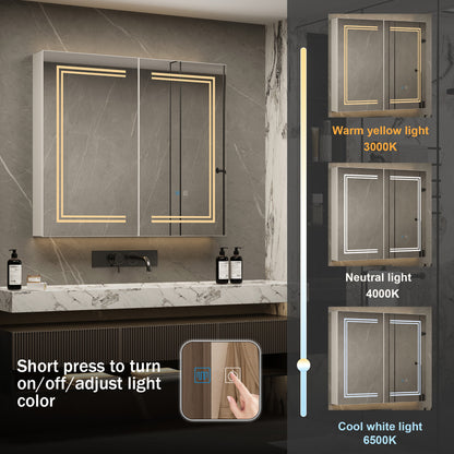 OXYLIFE 35.5" Wall Mounted Mirror Medicine Cabinet with 3 Color Adjustable LED Lights, Defogger and 2 Doors for Bathroom, White