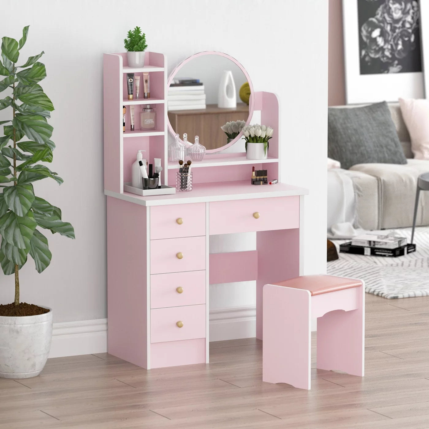 OXYLIFE Vanity Set with Mirror, Makeup Vanity Dressing Table with 5 Drawers, Storage Shelves, Vanity Desk for Bedroom, Pink