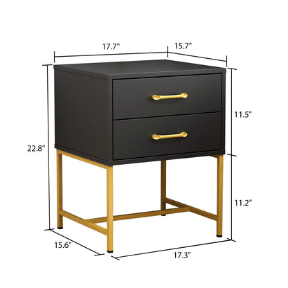 OXYLIFE Nightstand with 2 Drawers, Black Bedside Table with Metal Legs for Bedroom