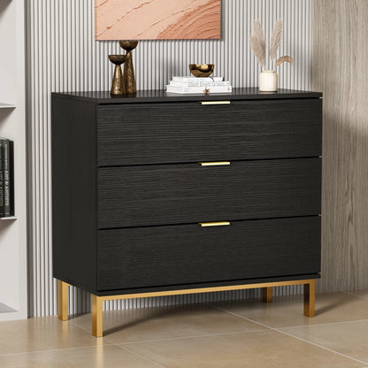 OXYLIFE 3 Drawer Dresser Nightstand with Metal Legs for Bedroom Black