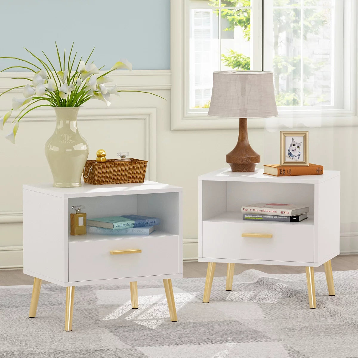 OXYLIFE Set of 2 Nightstand Bedside Table for Bedroom White