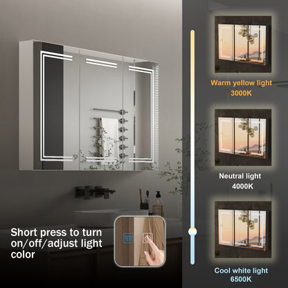 OXYLIFE 47.2" Wall Mounted Mirror Medicine Cabinet with 3 Color LED Lights, Defogger and 3 Doors for Bathroom, White