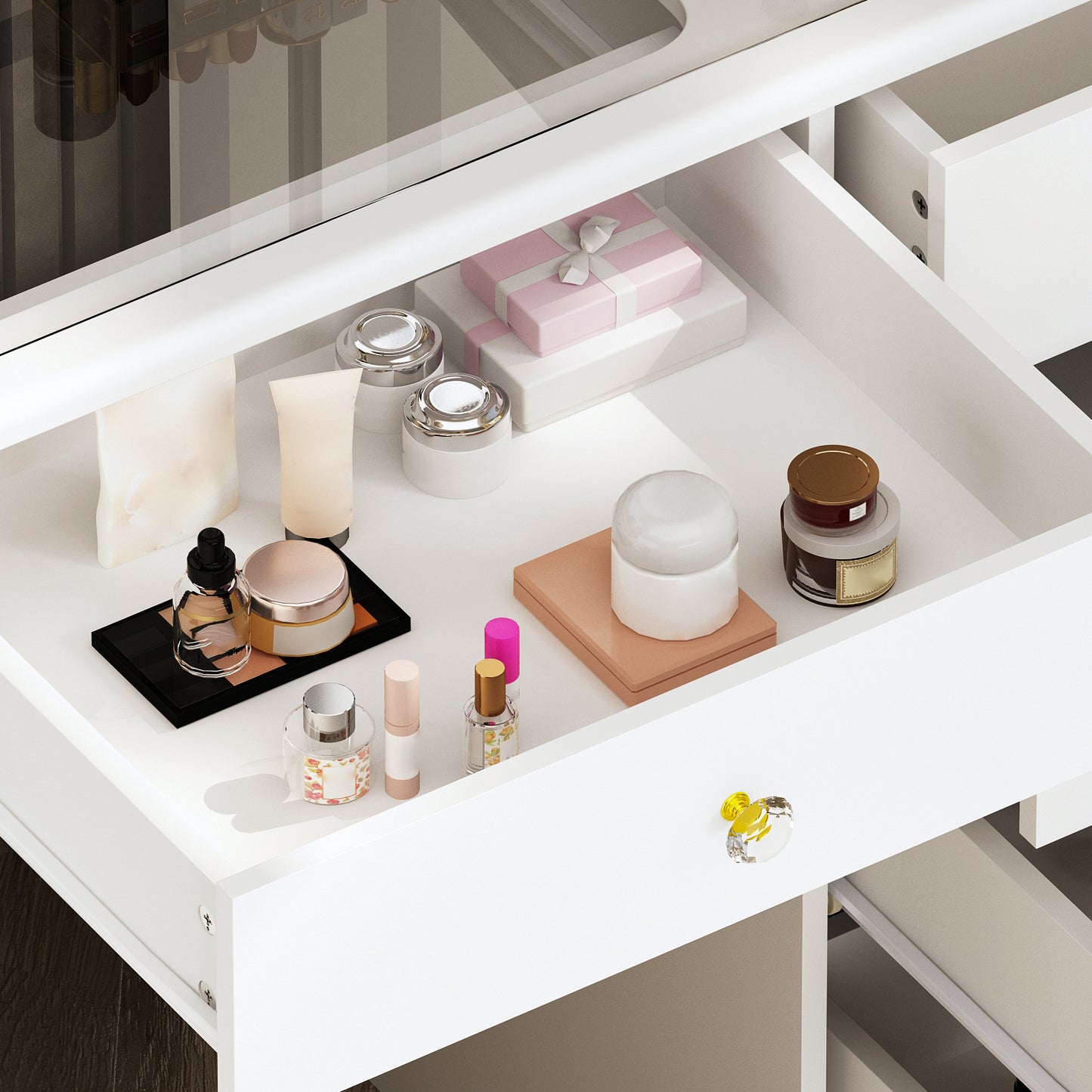 OxyLife Modern Adult Vanity Table Set with Glass Top, Mirror, LED Lights and 9 Drawers