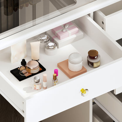 OxyLife Modern Adult Vanity Table Set with Glass Top, Mirror, LED Lights and 9 Drawers