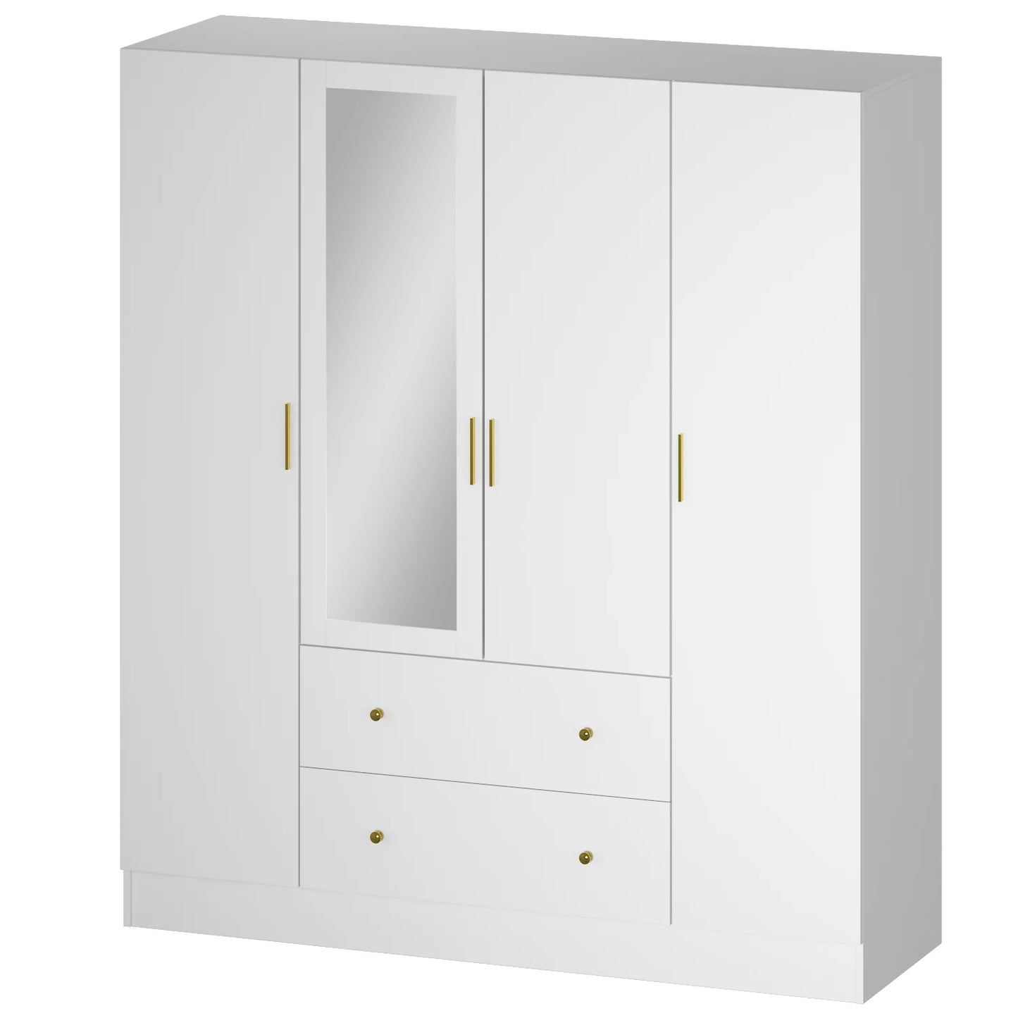 OXYLIFE 4 Door Wardrobe Armoire, Large Storage Cabinet with Mirror, 2 Drawers and Hanging Rod,White