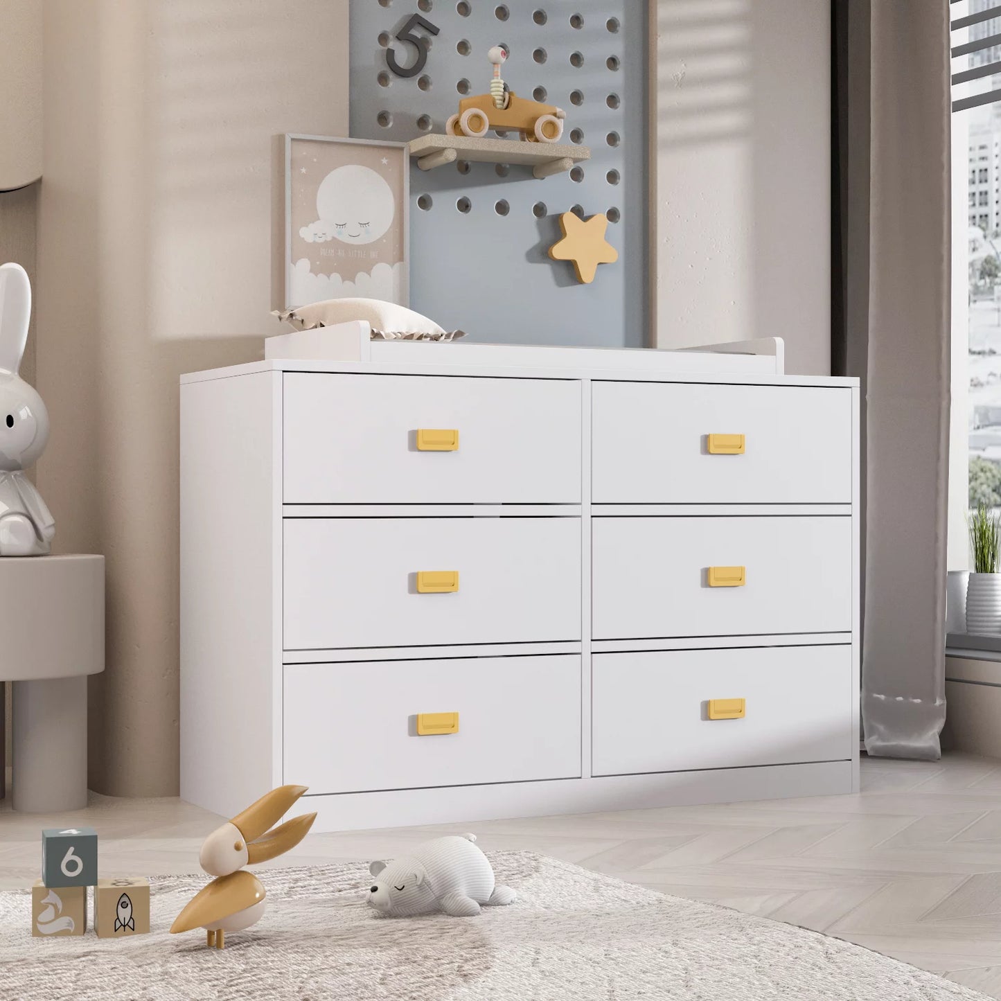 OXYLIFE White Dresser Changing Dresser, 6 Drawers Dresser Baby Nursery Station