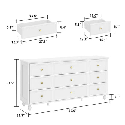 Hitow 9 Drawer Dresser for Bedroom , Chest of Drawer Storage Organizer White, 63"