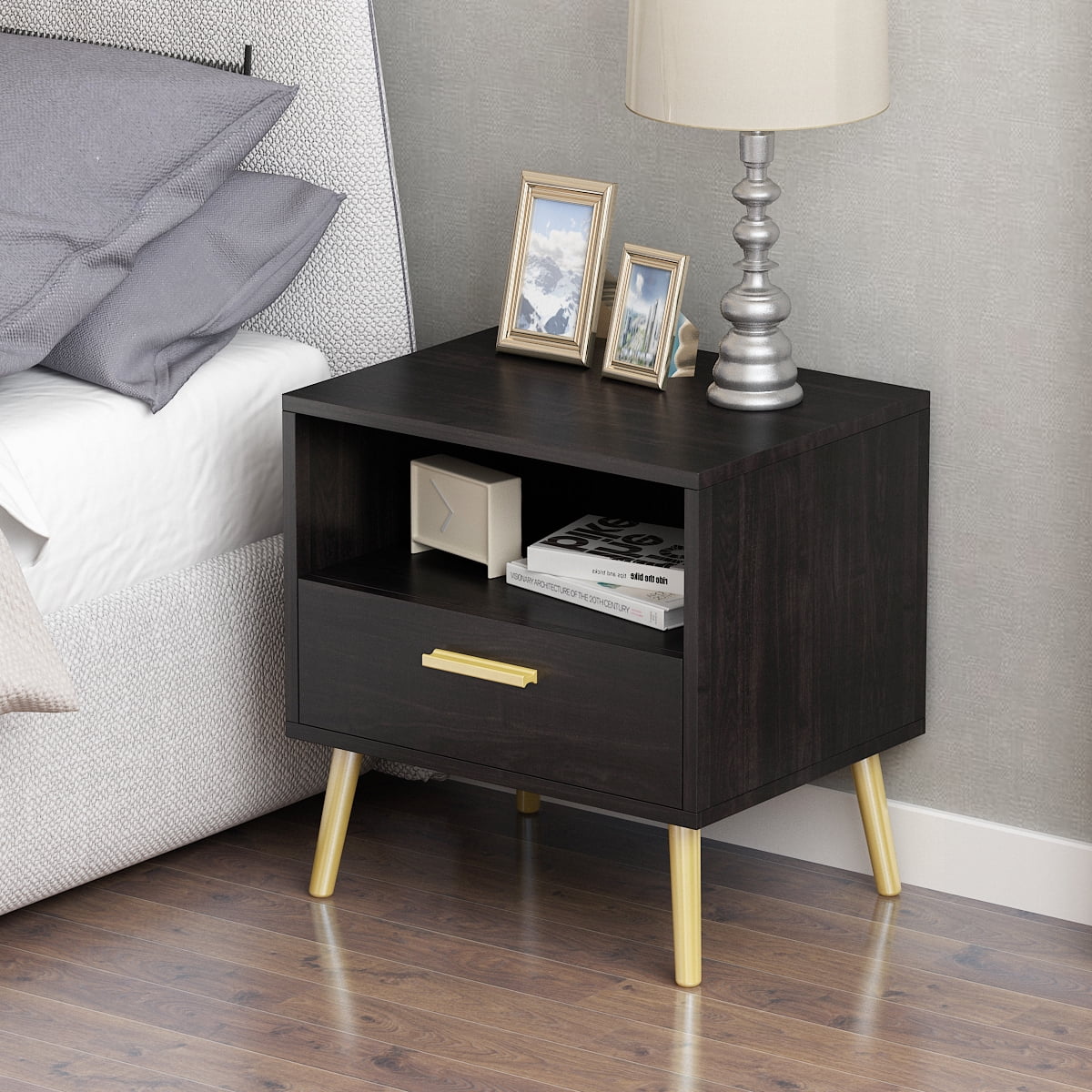 OXYLIFE Nightstand with Storage Drawer and Open Shelf, Side End Table for Living Room Bedroom, Black