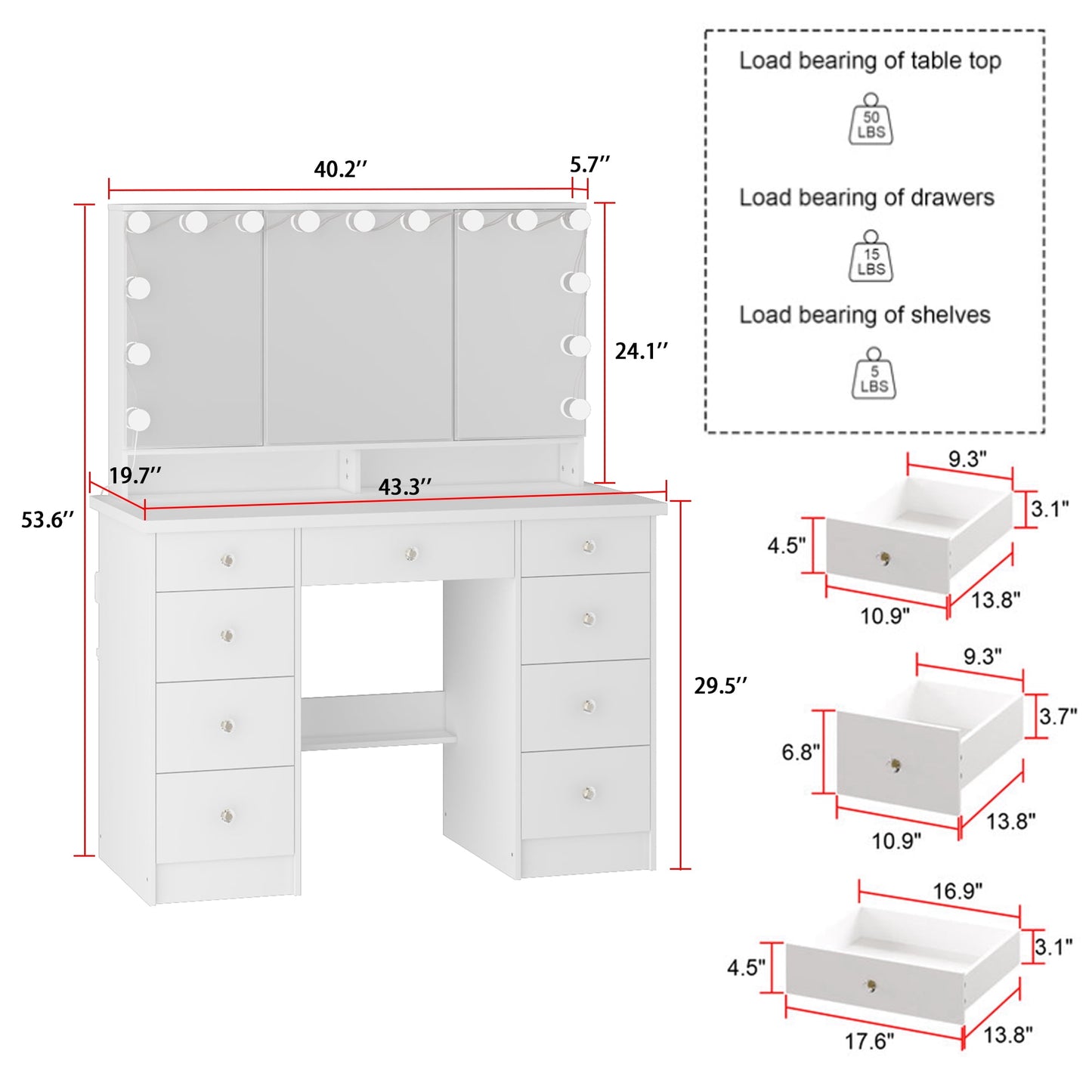 OXYLIFE Makeup Vanity Desk with Mirror and 3 Color Lights and 9 Drawers for Bedroom, White