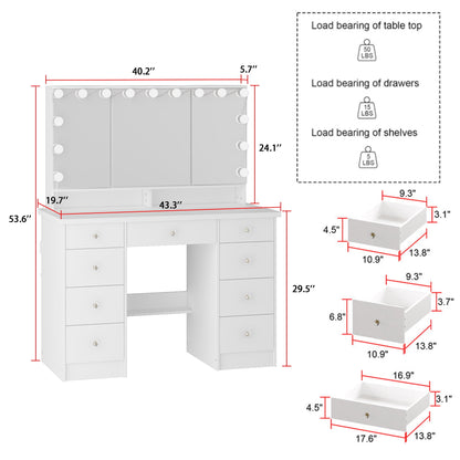 OXYLIFE Makeup Vanity Desk with Mirror and 3 Color Lights and 9 Drawers for Bedroom, White