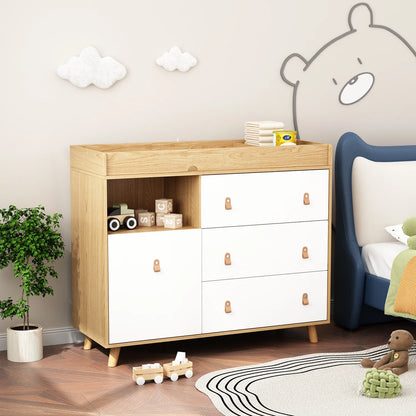 OXYLIFE Baby Nursery Changing Table Dresser with 3 Drawers and Shelf for Nursery Room, White+Natural