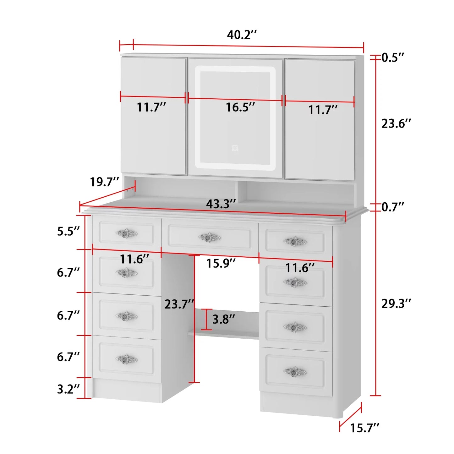 OXYLIFE Vanity Desk with Lighted Mirror, Makeup Dressing Table with 9 Drawer and Drawer Divier for Bedroom