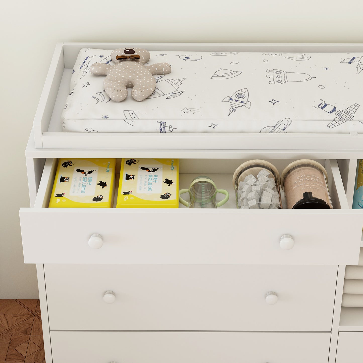 OXYLIFE Baby Changing Table Dresser Nursery Chest with Storage,5 Drawers&2 Shelves,White