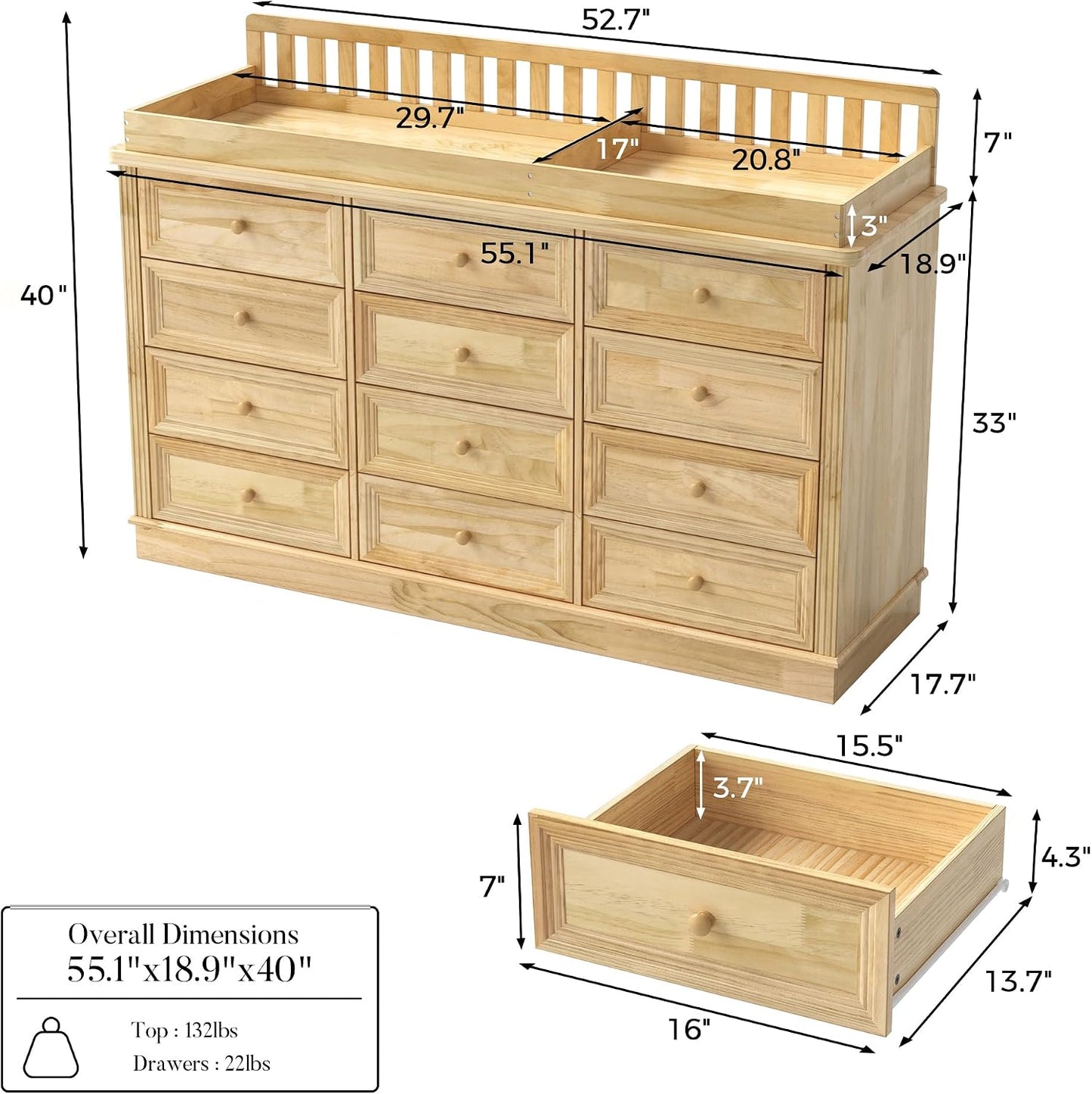 OXYLIFE Baby Changing Table Dresser, 100% Solid Wood Infant Diaper Changing Station Combo, 12-Drawer Dresser with Removable Tray for Nursery Bedroom, Nature Color 55.1" W
