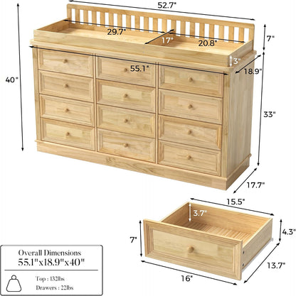 OXYLIFE Baby Changing Table Dresser, 100% Solid Wood Infant Diaper Changing Station Combo, 12-Drawer Dresser with Removable Tray for Nursery Bedroom, Nature Color 55.1" W