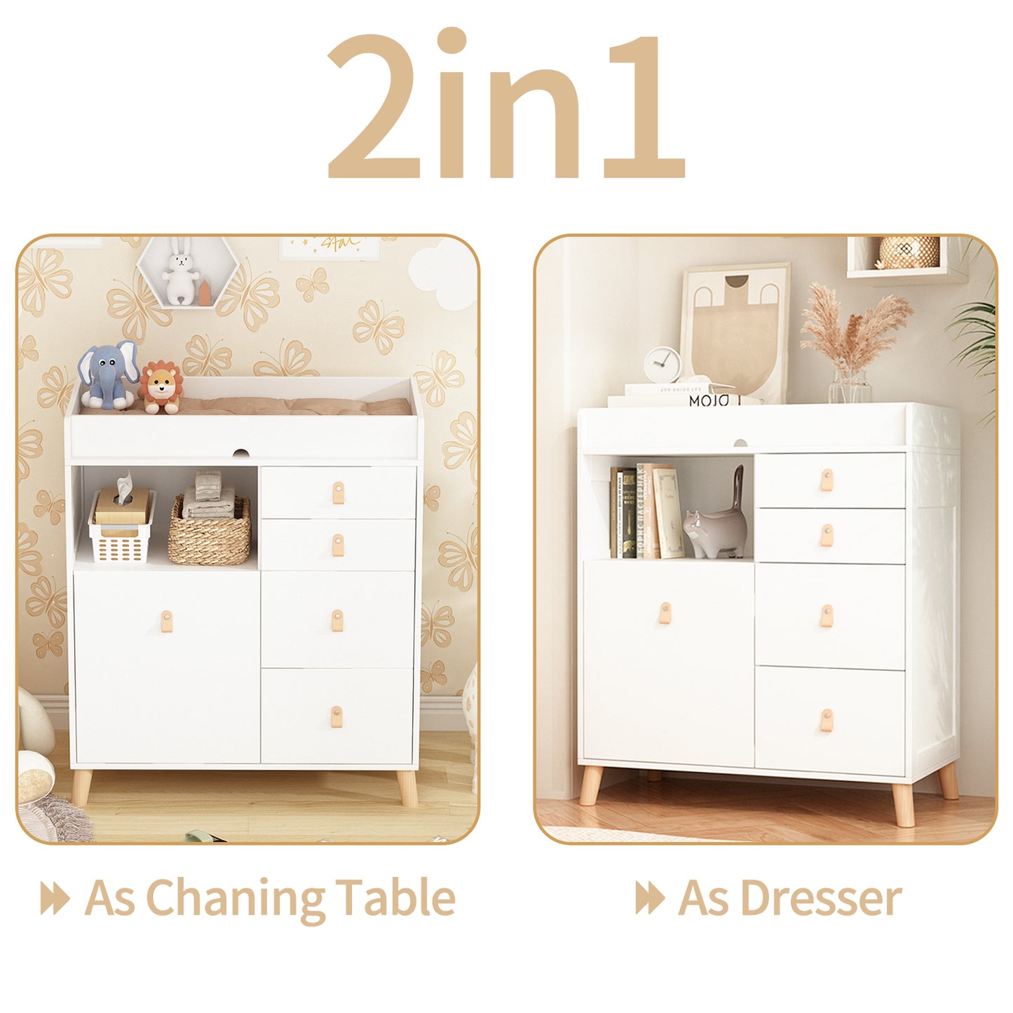 OXYLIFE 33.5" Baby Changing Table Nursery Dresser with 5 Drawers and Raised Feet, Shelf and Trash Can Storage for Nursery Room, White