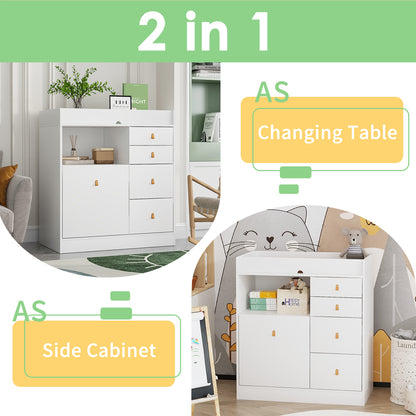 OXYLIFE 33.5" Baby Changing Table Nursery Dresser with 4 Drawers, Shelf and Trash Storage for Nursery Room, White