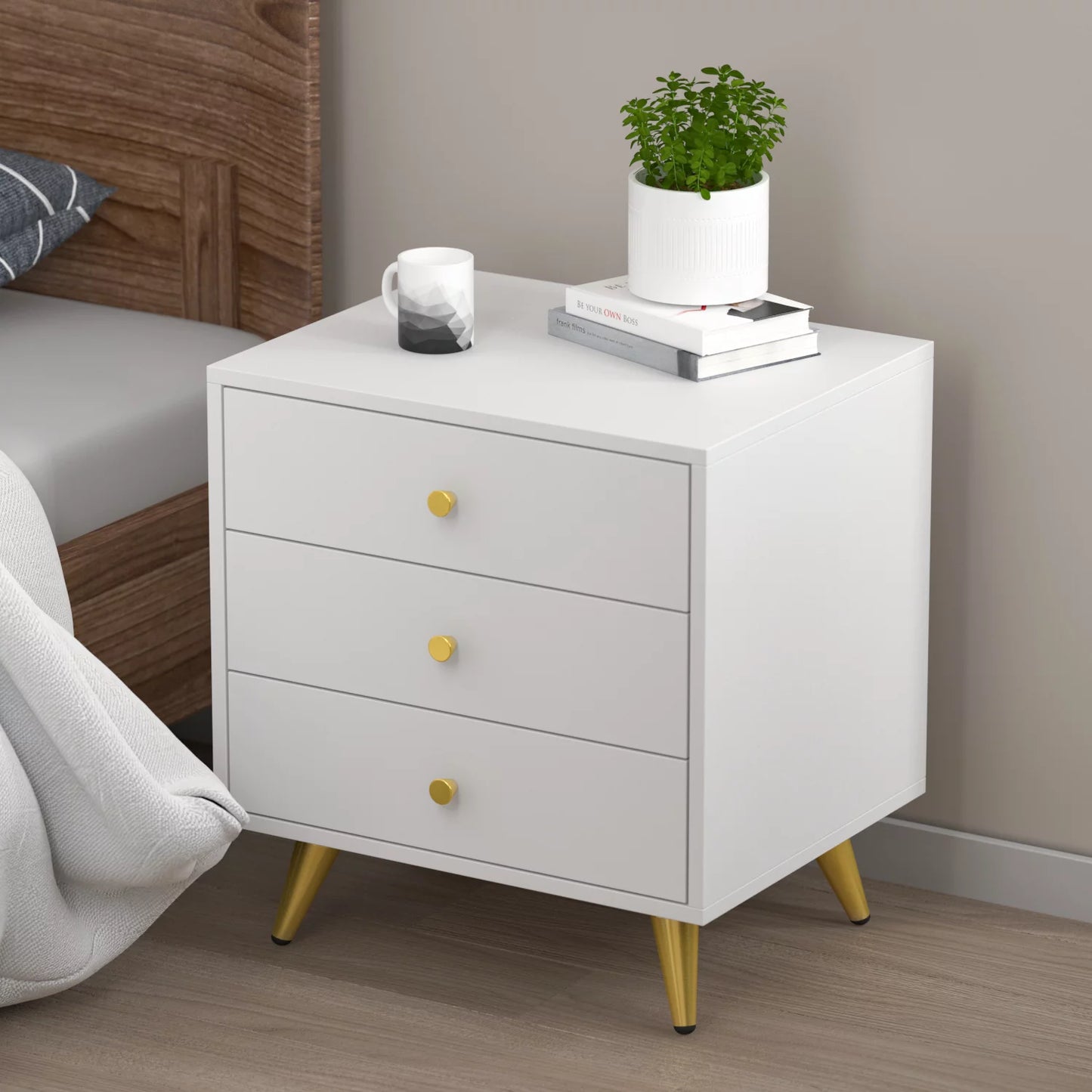 Nightstand with 3 Drawers for Bedroom Living Room, White