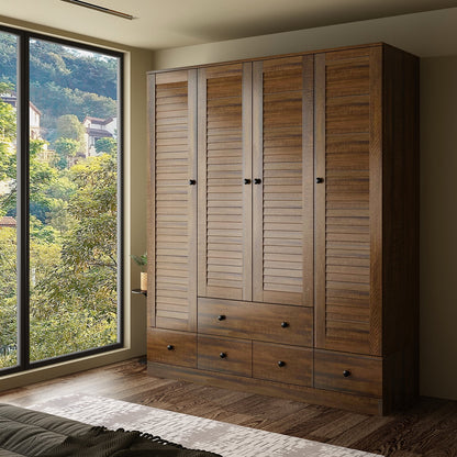 OXYLIFE Wardrobe Armorie with Shutter Door, Closet Storage Cabinet and 5 Drawers and Hanging Rod for Bedroom, Walnut