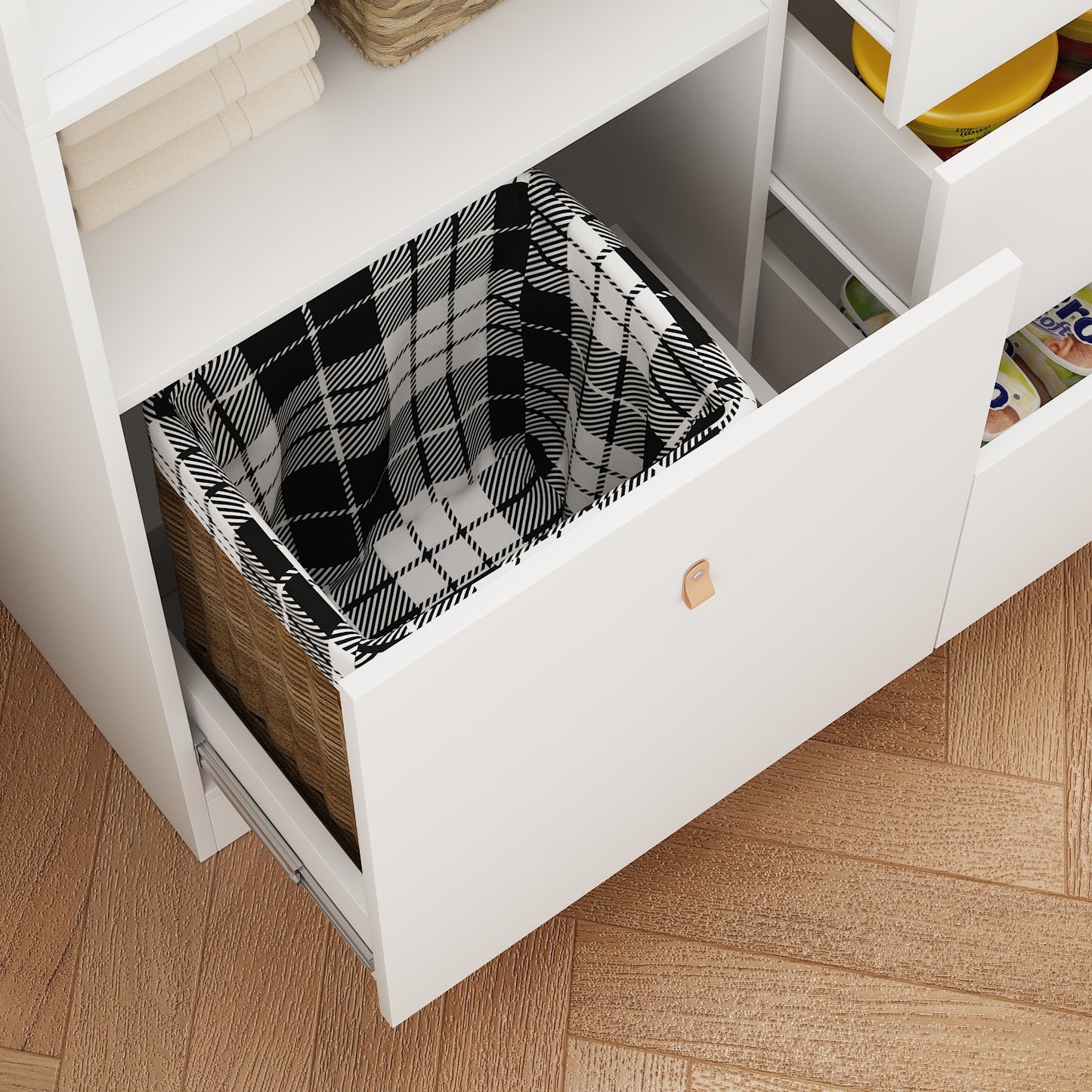 OXYLIFE 33.5" Baby Changing Table Nursery Dresser with 4 Drawers, Shelf and Trash Storage for Nursery Room, White