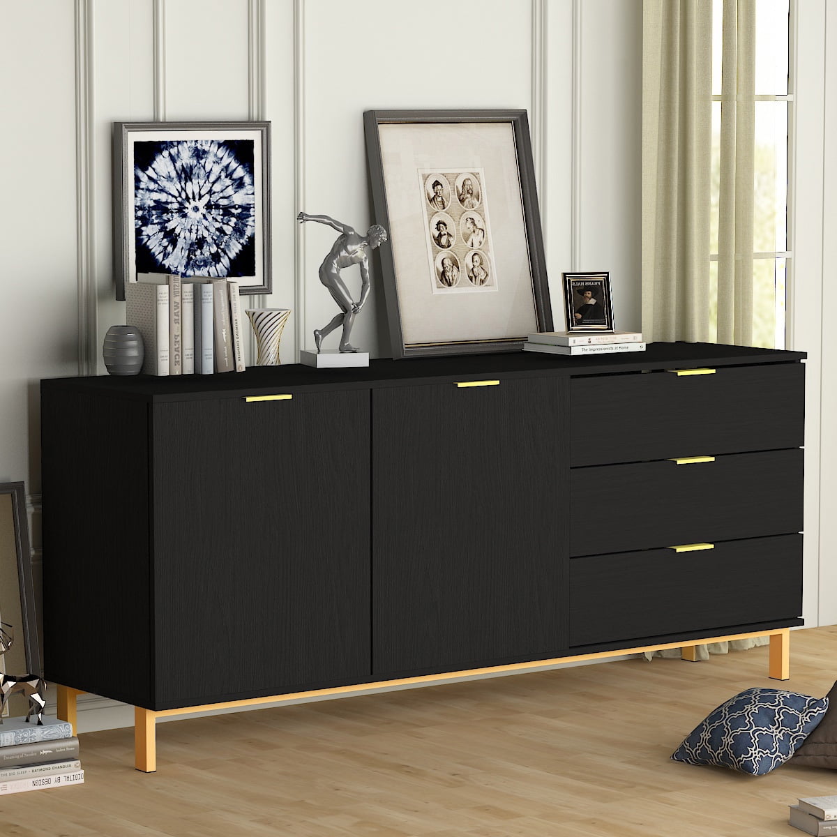 Modern Sideboard Buffet Storage Cabinet with 3 Drawers and Door for Living Room Black