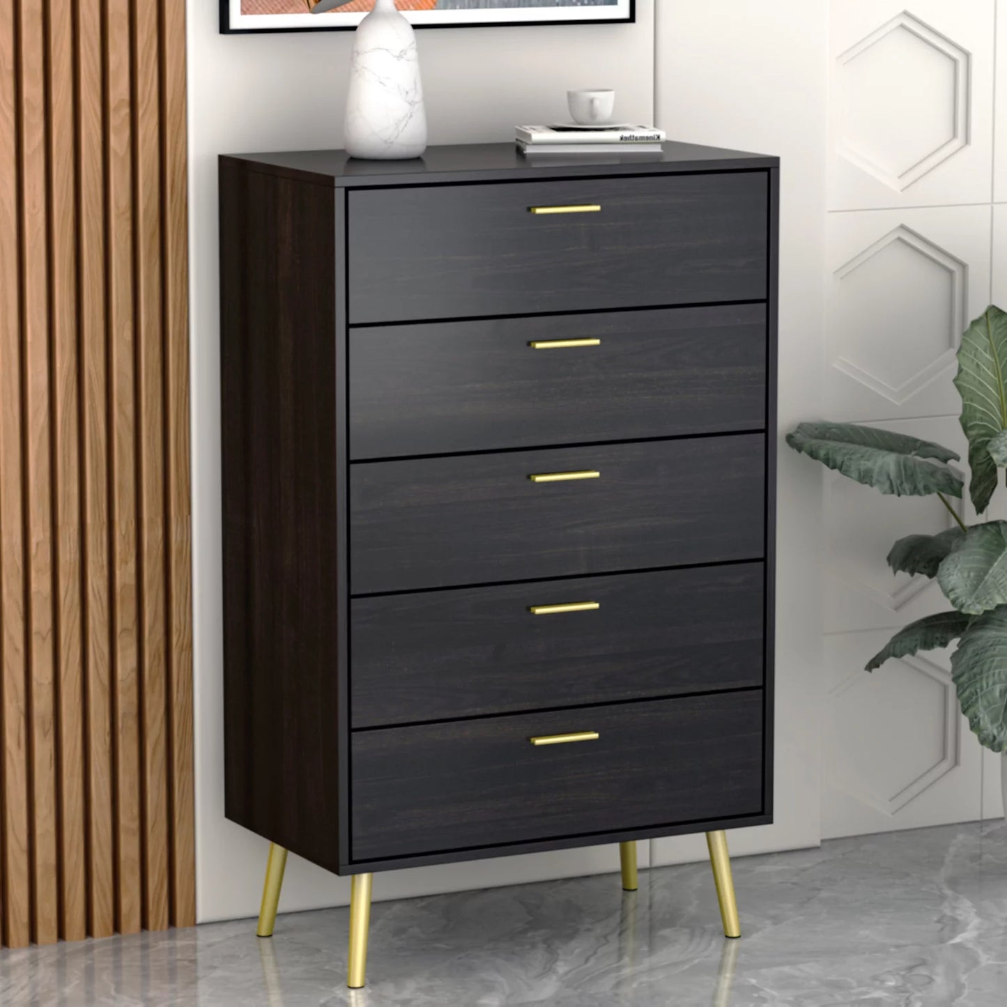 Dresser with 5 Drawers, Modern Wide Chest of Drawers, Tall Storage Chest, Nightstand for Bedroom, Closet, Entryway, Black