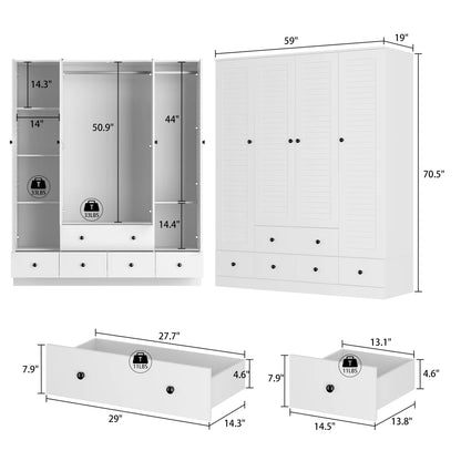 Hitow Wardrobe Armorie with Shutter Door, Closet Storage Cabinet and 5 Drawers and Hanging Rod for Bedroom, White