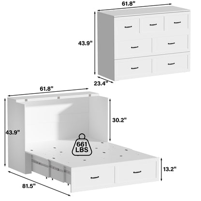 OXYLIFE Murphy Bed, 2 in 1 Convertible Chest Bed Cabinet with Drawer and USB Charging Station for Bedroom, Queen Size