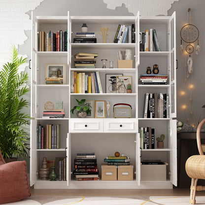 OXYLIFE 78.7 inch Bookcase Display Storage Cabinet Cupboard with 15 Shelves and Drawers, White (63" Wide)