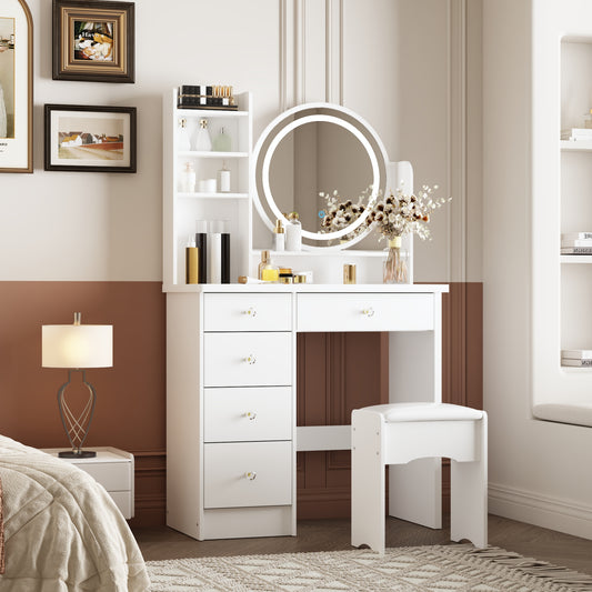 Oxylife Vanity Table Set with Mirror and Dimmable LED Lights, Makeup Table with 5 Drawers and Shelves, Dressing Vanity Tables for Girls Women, White