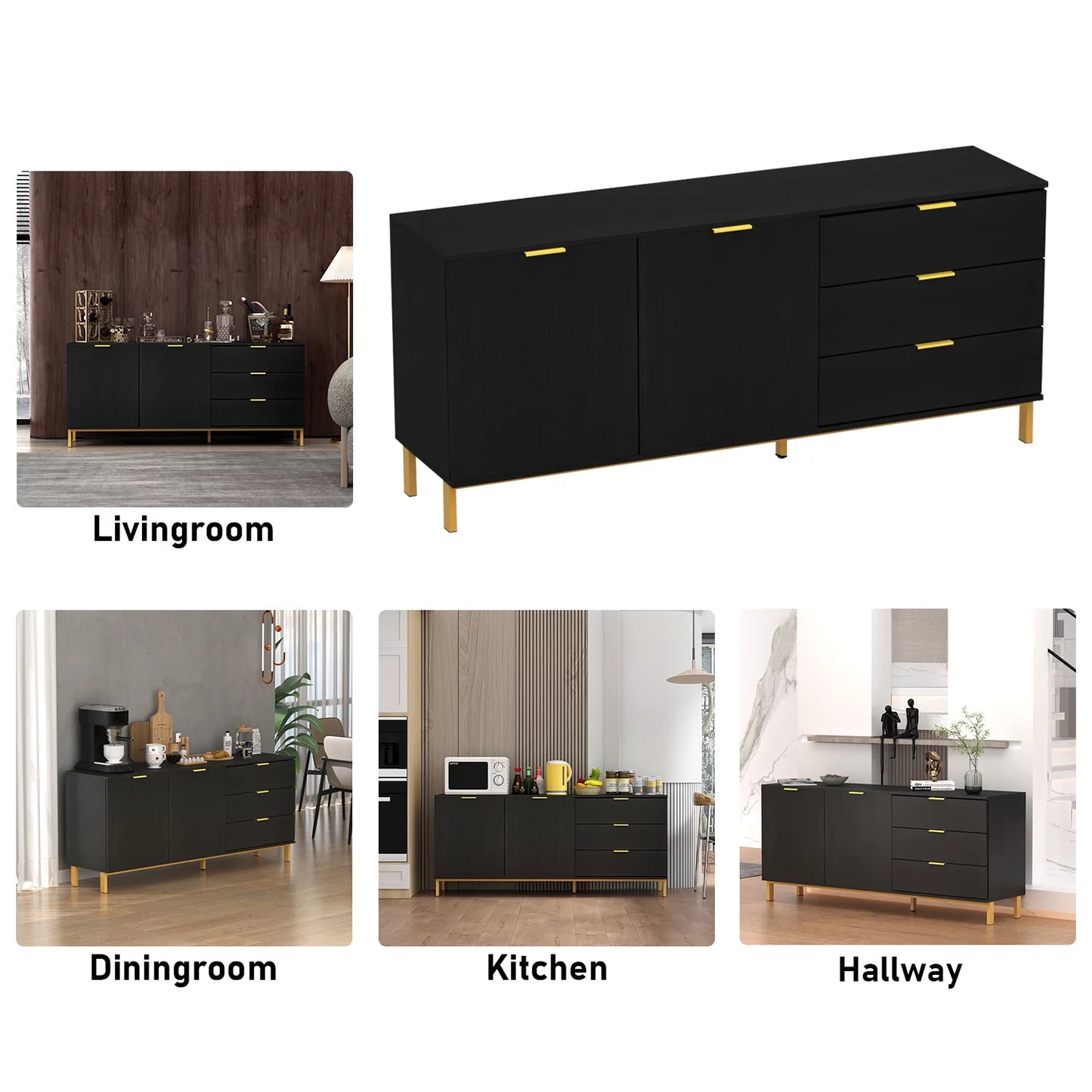 OXYLIFE Modern Sideboard Buffet Storage Cabinet with 3 Drawers for Living Room Black