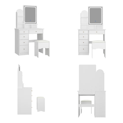 Oxylife Vanity Set with 5 Drawers and Shelves, Makeup Table with Light Mirror,White