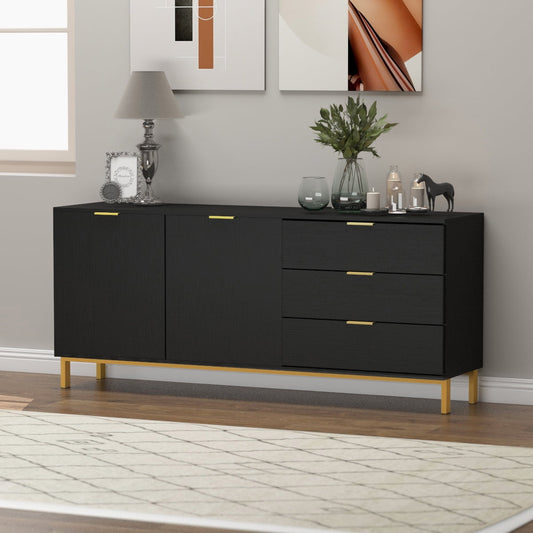 Modern Sideboard Buffet Storage Cabinet with 3 Drawers and Door for Living Room Black