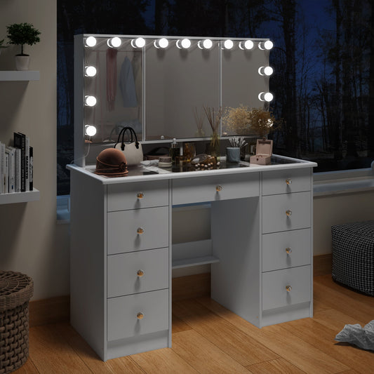 OXYLIFE Makeup Vanity Desk with Glass Top, Mirror, 3 Color Lights, 9 Drawers for Bedroom