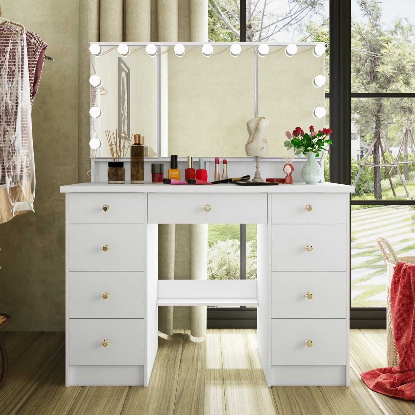 OXYLIFE Makeup Vanity Desk with Mirror and 3 Color Lights and 9 Drawers for Bedroom, White
