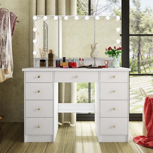 OXYLIFE Makeup Vanity Desk with Mirror and 3 Color Lights and 9 Drawers for Bedroom, White