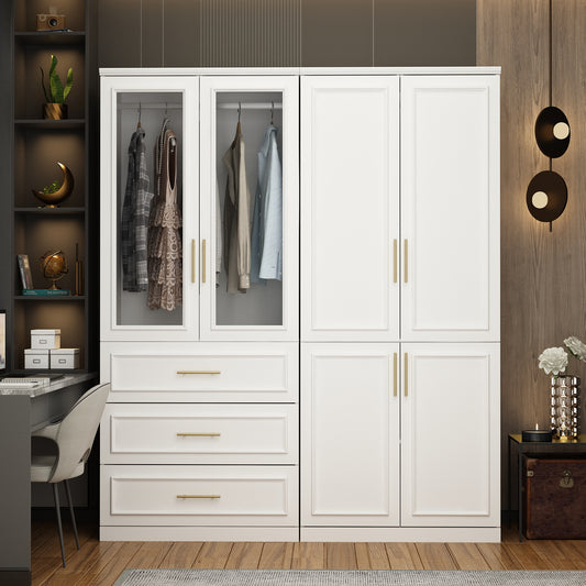 OXYLIFE Wardrobe Armoire Closet Cabinet with Glass Doors, Hanging Rod and 3 Drawers, 63.3" Wide