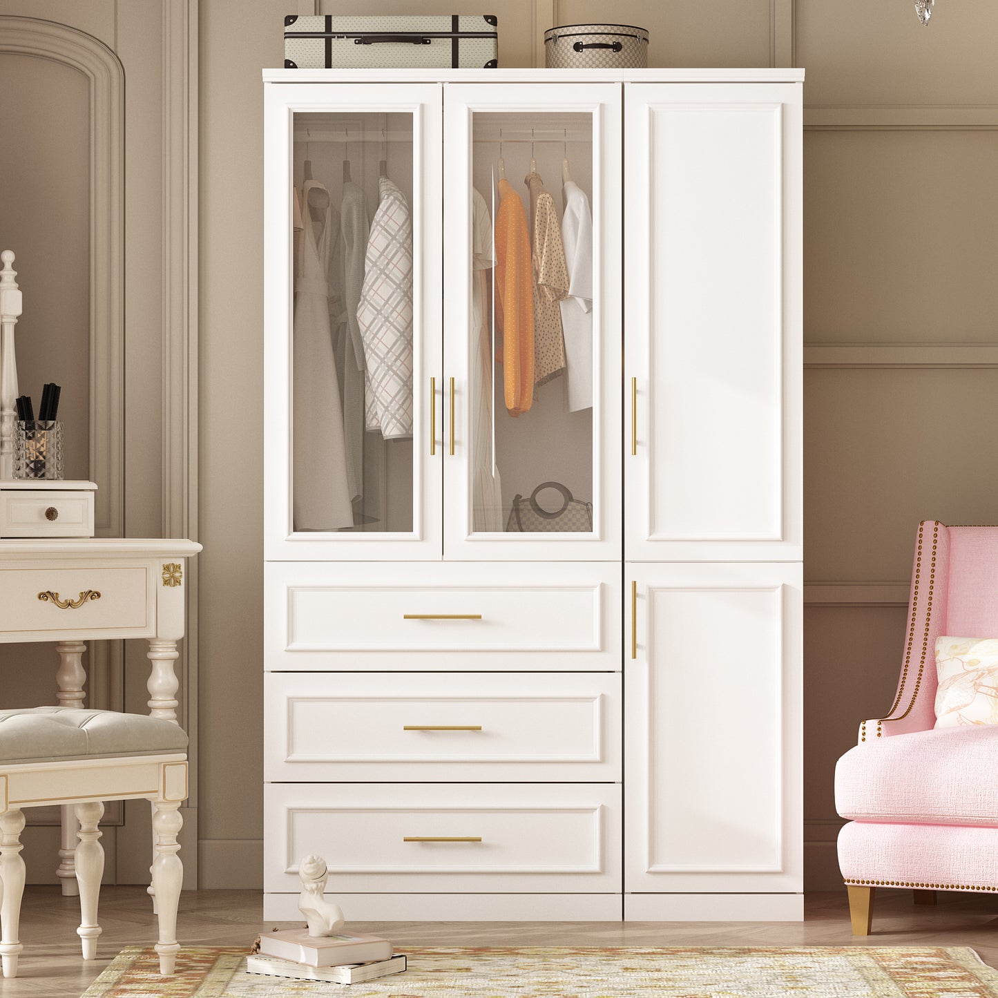 OXYLIFE Wardrobe Armoire Closet Cabinet with Glass Doors, Hanging Rod and Drawers for Bedroom, 47.4" Wide