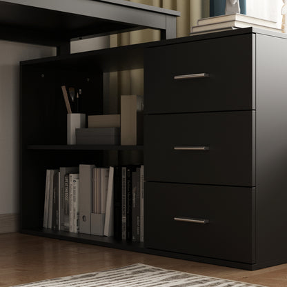 OXYLIFE Home Office Desk, 55 Inch Wood and Metal Study Corner Desk, Writing Workstation with Shelves and File Cabinet, Black