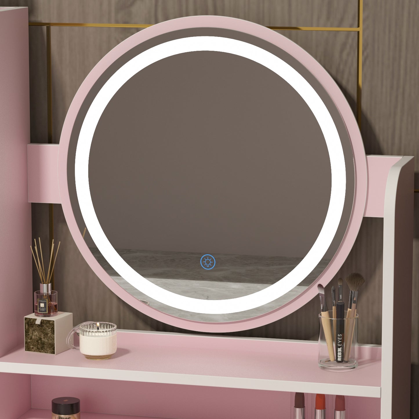 Oxylife Vanity Set with Lighted Mirror, Girls Makeup Vanity Table with 5 Drawers, Shelves and Stool, Pink