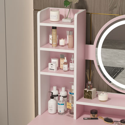 Oxylife Vanity Set with Lighted Mirror, Girls Makeup Vanity Table with 5 Drawers, Shelves and Stool, Pink