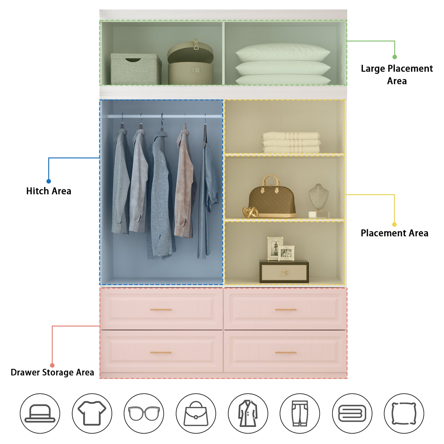 OXYLIFE 4-Door Wardrobe Armoire with Hutch, Shelves and Drawers,White Closet Storage Cabinet with Clothing Rod for Bedroom, 93.3" H