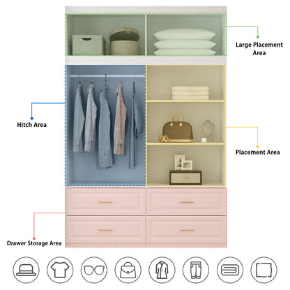 OXYLIFE 4-Door Wardrobe Armoire with Hutch, Shelves and Drawers,White Closet Storage Cabinet with Clothing Rod for Bedroom, 93.3" H