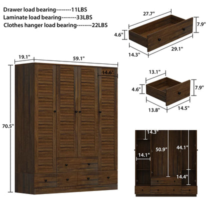 OXYLIFE Wardrobe Armorie with Shutter Door, Closet Storage Cabinet and 5 Drawers and Hanging Rod for Bedroom, Walnut