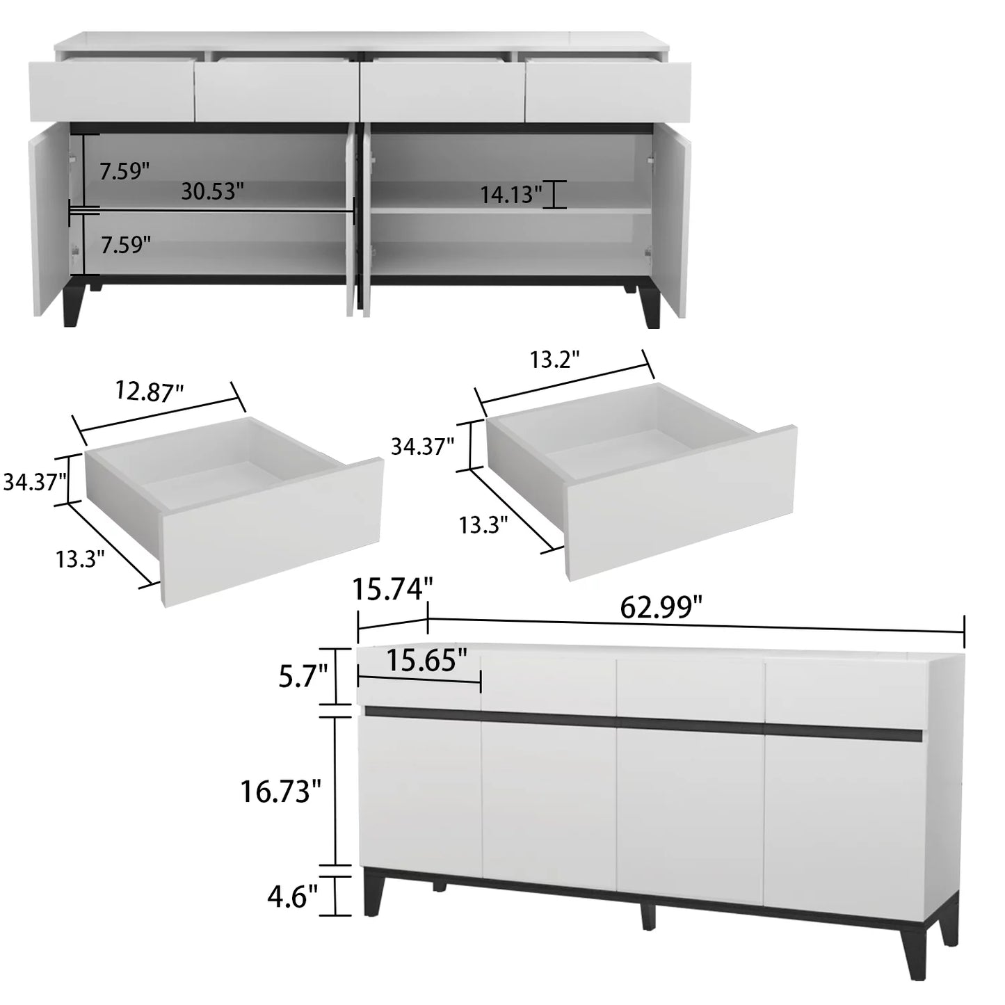 OXYLIFE Sideboard Cabinet with Door and 4 Drawers, Wood Floor Accent Storage Cabinet with Adjustable Shelf for Living Room, White