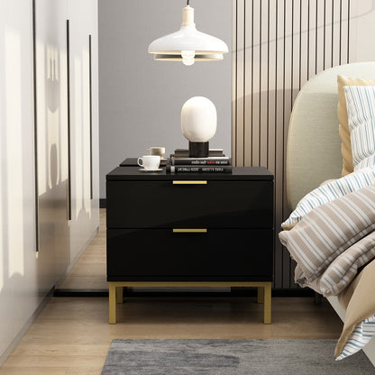 OXYLIFE Nightstand Set of 2 Bedside, End Side Table with 2 Drawers & Gold Metal Legs for Bedroom, Black