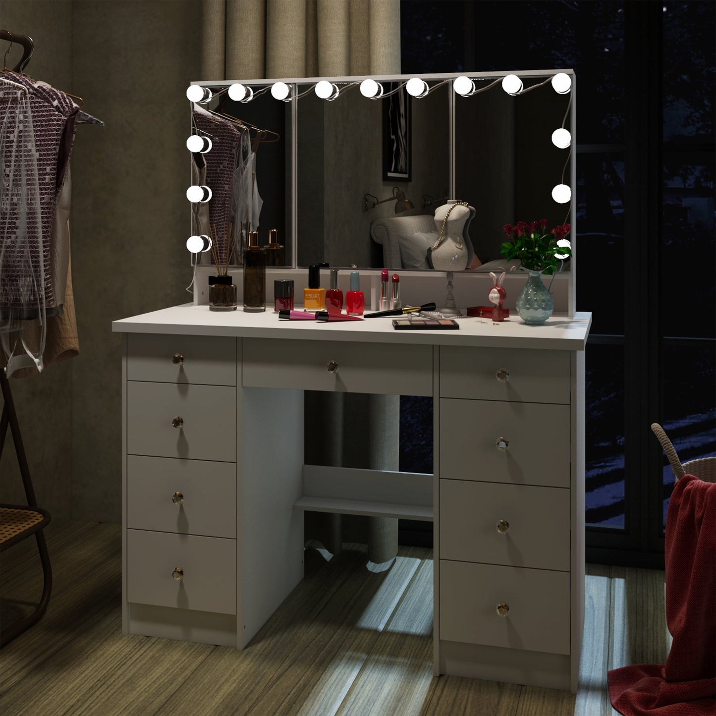 OXYLIFE Makeup Vanity Desk with Mirror and 3 Color Lights and 9 Drawers for Bedroom, White